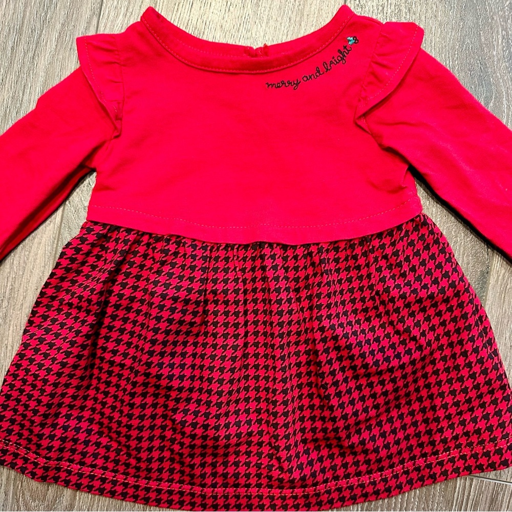 USED Carter’s Red Merry & Bright Baby Girl Houndstooth Christmas Dress 3 months